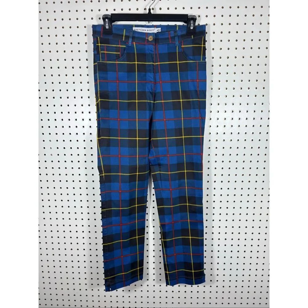 Gretchen Scott Gripe Less Plaidly Cooper Blue Midrise pants size S